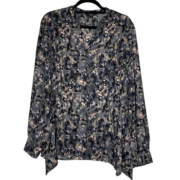 Simply Vera Size XL Black Print Handkerchief Hem Semi Sheer Long Sleeve Top - Picture 2 of 10